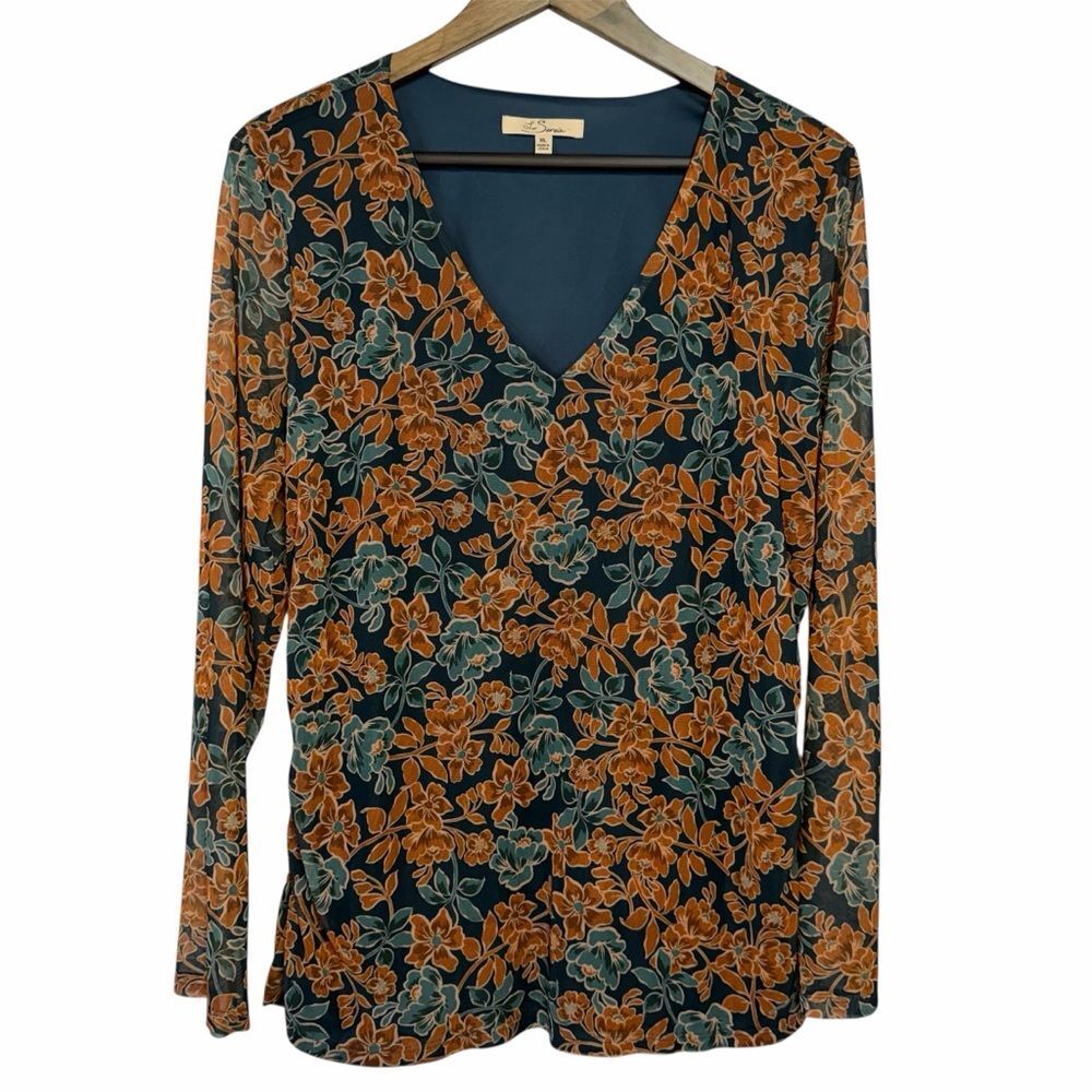 Stitch Fix Les Serein Floral Mesh Pullover V-Neck Ruched Top size XL Teal Orange